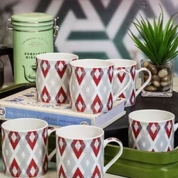 GOODHOMES 6 Pcs White & Red Floral Printed Bone China Glossy Mugs-11