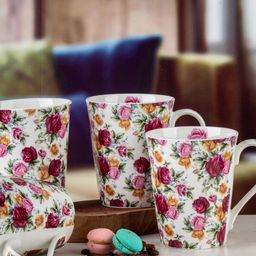 GOODHOMES Set of 4 White & Pink Floral Printed Bone China Glossy Mugs-image-71