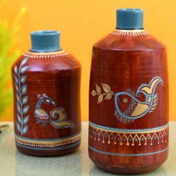 aakriti art creations Rustic Madhubani (Set Of 2) Red Terracotta Table Vase-picture-36