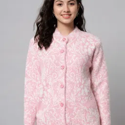 Women Printed Round Neck Pink Sweater-image-2