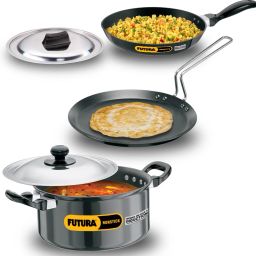 Futura 3 Pieces Cookware Set 1 - Flat Tava, Frying Pan, Stewpot Combo Tawa 26 cm diameter with Lid-15