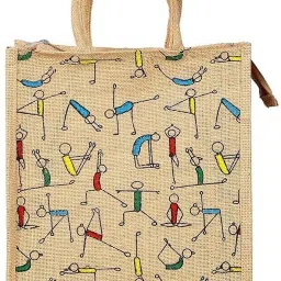 Reusable Yoga Printed Jute Lunch Bag, Sturdy Handle with Zipper Lock Lunch Bag-image-2