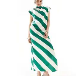 Women Striped High-Neck Maxi Column Dress-image-32