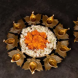 eCraftIndia Brown Traditional Designer Urli with 9 Lotus Shape Diyas-44