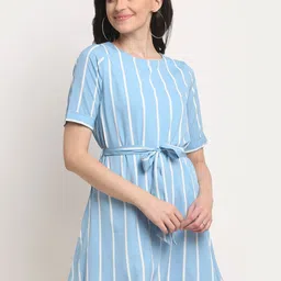 La Zoire Blue Striped Crepe A-line Dress with Tie-Up Belt-picture-46