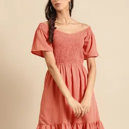 DODO & MOA Peach Off-Shoulder Fit & Flare Crepe Dress-image-4