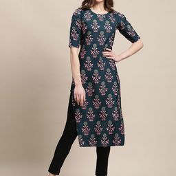 7Threads Women Multicoloured Floral Printed Block Print Crepe Kurta-image-0