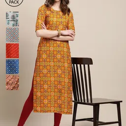 7Threads Women Pack of 6 Floral Printed Block Print Crepe Kurta-image-81