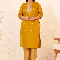 Janasya Plus Size Embroidered Mandarin Collar Thread Work Crepe Straight Kurta-image-51