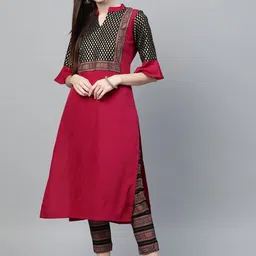 ZIYAA Geometric Yoke Design Bell Sleeves Mandarin Collar Straight Pleated Kurta-picture-6