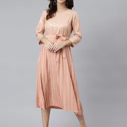 Janasya Peach-Coloured Floral Crepe A-Line Dress-picture-53