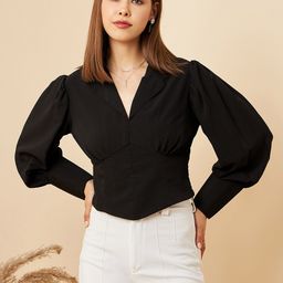 RARE Black Gathered Shirt Collar Cuffed Sleeves Regular Top-36