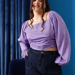 CURVY STREET Abstract Printed Square Neck Ruched Fitted Top-19