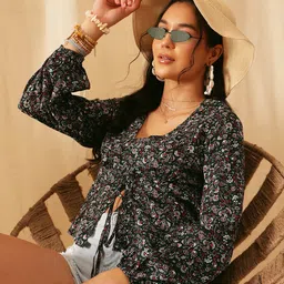 QUIERO Green Floral Printed V Neck Crepe Top-image-21