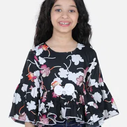 Cutiekins Black Floral Print Crepe Top-image-1