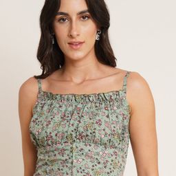 U&F Green Floral Print Shoulder Straps Crepe Top-image-100