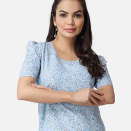 Popwings Floral Printed Puff Sleeves Crepe Top-image-62