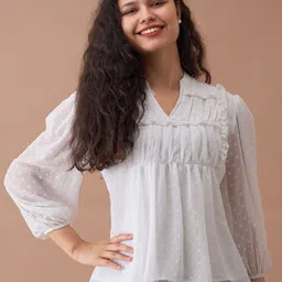 AASK Self Design Puff Sleeves Pleated A-Line Top-image-88
