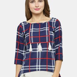 Enchanted Drapes Blue Checked Crepe High Low Top-picture-7