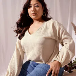 CURVY STREET Self Design V-Neck Drop-shoulder Sleeves Regular Top-image-80