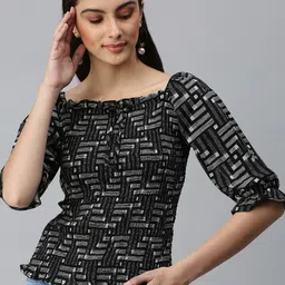 SHOWOFF Black & White Geometric Print Monochrome Crepe Top-image-35