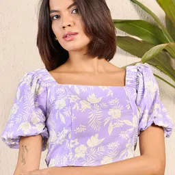Kibo Floral Print Square Neck Puff Sleeve Crepe Regular Crop Top-48