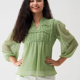 AASK Self Design Puff Sleeves Pleated A-Line Top-image-39