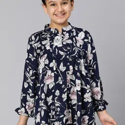 Oxolloxo Girls Blue Floral Print Mandarin Collar Crepe Top-picture-23