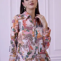 Athena Red Floral Printed Shirt Style Top-image-2