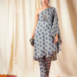 Shae by SASSAFRAS Grey Ethnic Motifs Printed One Shoulder Kaftan Kurta-9