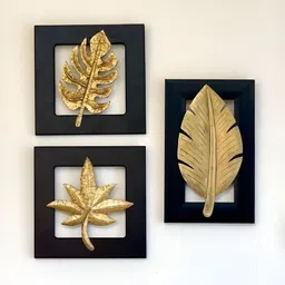 VAS collection home  Black 3 Pieces Leaf Design Suare Wooden Wall Decor Plates-image-81