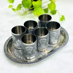 Navrang Serving Meenakari Steel Tray Set Lemon Set Gifts Glass Tray Set-7