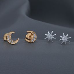 VANBELLE Set Of 2 925 Sterling Silver CZ Stars & Moon Shaped Studs image 1