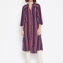 Ruhaans Blue & Red Mandarin Collar Striped Tunic-image-65