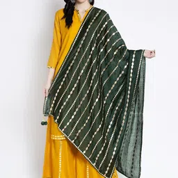 Clora Creation Green & Gold-Toned Striped Dupatta with Gotta Patti-2