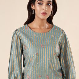 AKKRITI BY PANTALOONS Vertical Stripes Round Neck Puff Sleeve Embroidered Regular Top-picture-9