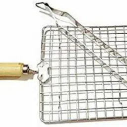 Outdoor Cooking Pulka Jali Papad bbq Shelf Roti Roast Stainless Steel Square Shape Tandoors & Grills Cooking Barbecue Pizza Meat Vegetables Chicken Burning With Long Wooden Handle & Chimta 1 kg Roaster-9