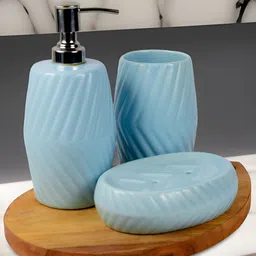 Kaolinite Blue & Silver-Toned 3Pcs Striped Ceramic Classic Glossy Soap Dispensers-image-84