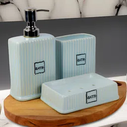 Kaolinite Blue & Silver-Toned 3Pcs Striped Ceramic Classic Glossy Soap Dispensers-image-85