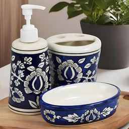 Kaolinite Blue & White 3 Pieces Floral Printed Ceramic Bath Accessories Set-image-31