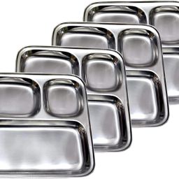 Pack of 4 Stainless Steel Pav Bhaji Plate for Restaurant Small Stainless Steel 3 in 1 Compartment Plate K0 Dinner Set-17