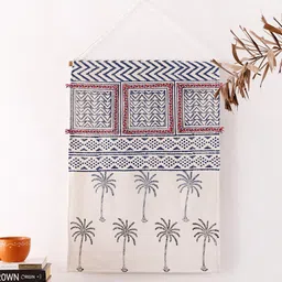 HANDICRAFT PALACE White & Blue Bohemian Hand Block Palm Tree Printed Tapestry Wall Hanging image 1