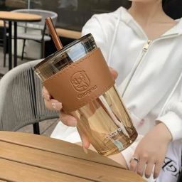 Glass Coffee Tumbler With Lid & Straw Sipper Juice Cocktail Smoothies Coffee Glass Coffee Mug-image-11