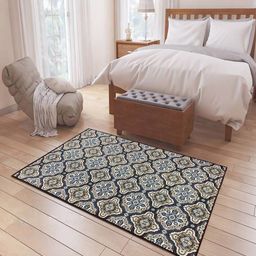Status Unisex Blue & White Ethnic Floral Printed Anti-Skid Carpet-69