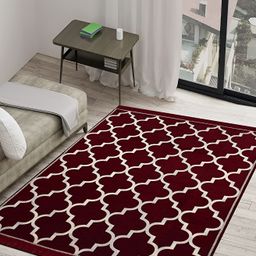 Sparrow world Red & White Geometric Printed Velvet Chennille Rectangular Carpet-29