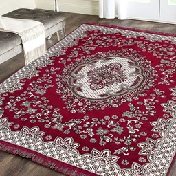 Sparrow world Red & White Floral Printed Velvet Chennille Rectangular Carpet-13