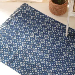 Peepul Tree Navy Blue & White Geometric Handmade Cotton Carpet-19