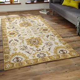 saraswatii global Gold Toned & Beige Floral Printed Woolen Rectangle Carpet-17