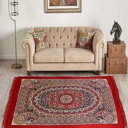 Kuber Industries Red & Black Kalamkari Paisley Pattern Velvet Non Slip Rectangular Carpet-14