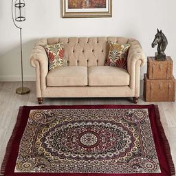 Kuber Industries Maroon & Black Kalamkari Paisley Pattern Velvet Non Slip Rectangular Carpet-52